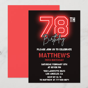 Neon Black Red Men Sport 78th birthday Invitation
