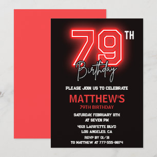 Neon Black Red Men Sport 79th birthday Invitation