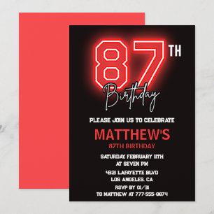 Neon Black Red Men Sport 87th birthday Invitation