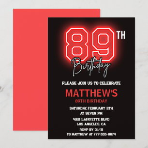 Neon Black Red Men Sport 89th birthday Invitation
