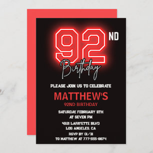 Neon Black Red Men Sport 92nd birthday Invitation
