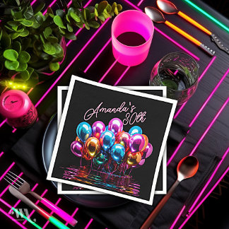 Neon Blacklight Balloons Cocktail Birthday Napkin