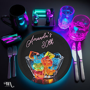 Neon Blacklight Hello Shots Cocktail Birthday Paper Plate