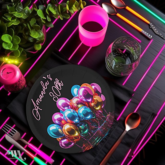 Neon Blacklight Mylar Balloons Birthday Paper Plate (Creator Uploaded)
