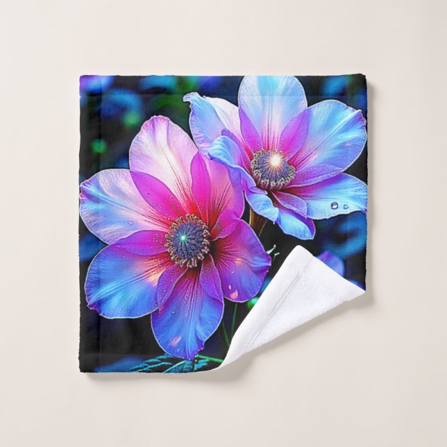Neon Bloom Flower Magic Glow Design Bath Towel Set (Wash Cloth)