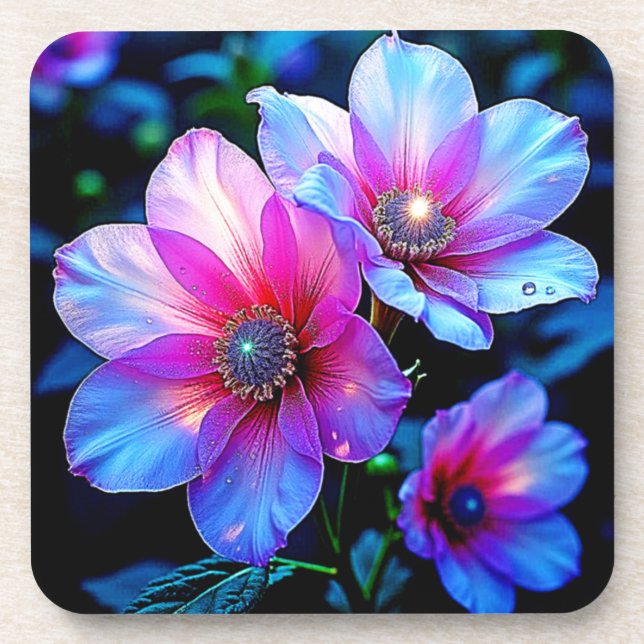 Neon Bloom Flower Magic Glow Design Coaster (Front)