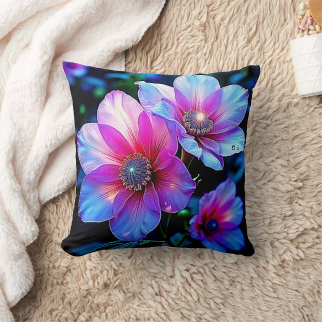 Neon Bloom Flower Magic Glow Design Cushion (Blanket)