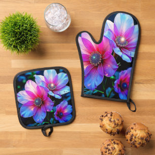 Neon Bloom Flower Magic Glow Design Oven Mitt & Pot Holder Set