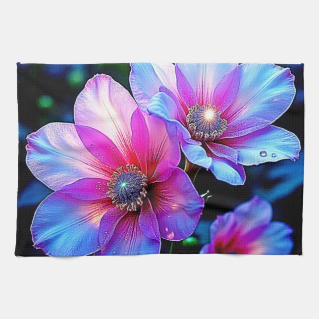 Neon Bloom Flower Magic Glow Design Tea Towel (Horizontal)