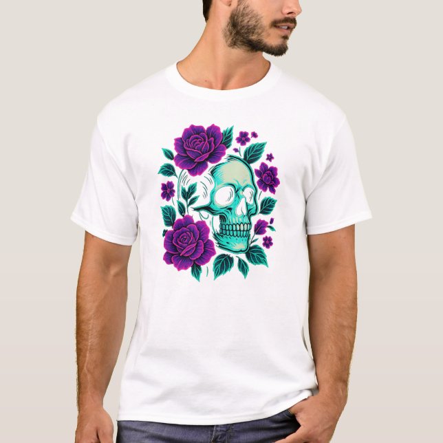 Neon Bloom – Skull in Roses T-Shirt (Front)