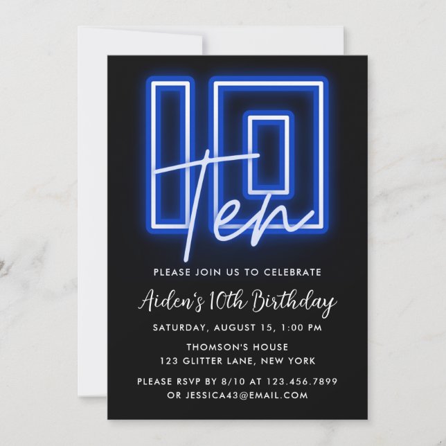 Neon Blue 10th Birthday Invitation (Front)