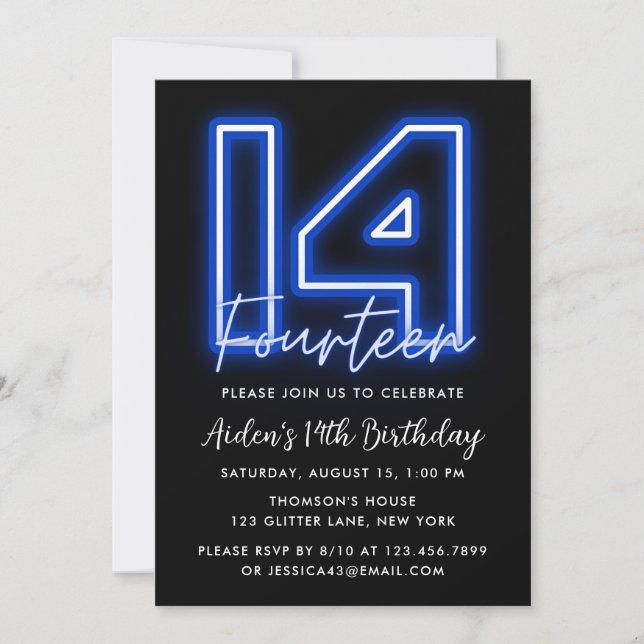 Neon Blue 14th Birthday Invitation (Front)