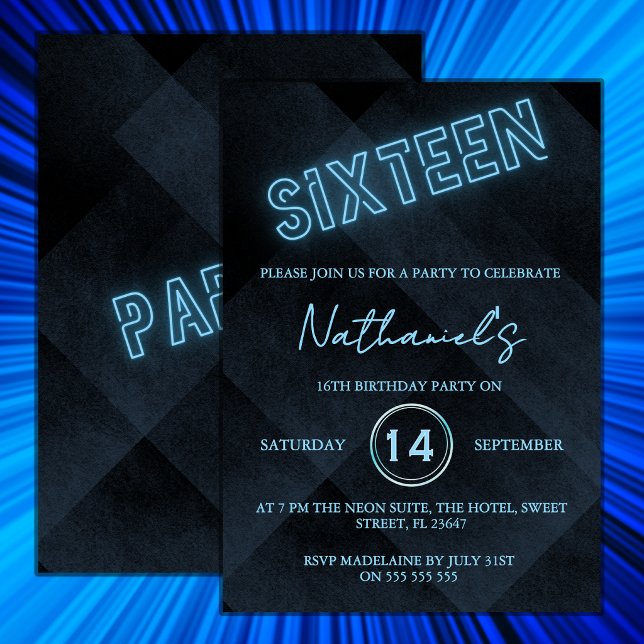 Neon Blue 16th Birthday Party Invitation (Creator Uploaded)