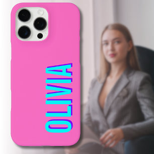 Neon Blue 3D Modern Name   Trendy Cool Pink iPhone 16 Pro Max Case