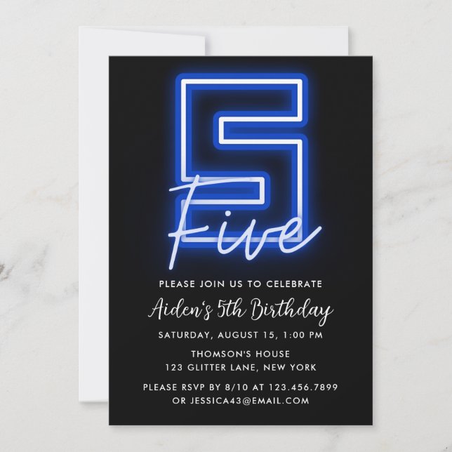 Neon Blue 5th Birthday Invitation (Front)