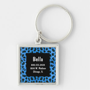 Neon Blue And Black Leopard Fur Pet ID Tag Key Ring