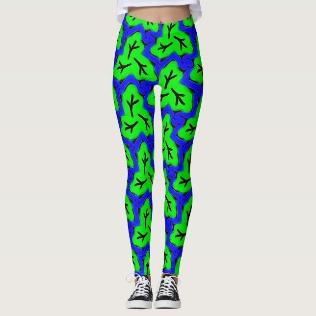 Neon Blue and Green Bold Leafy Pattern Leggings (Front)