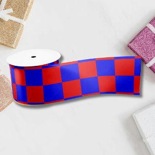 Neon Blue and Red Chequered Chequerboard Vintage Satin Ribbon