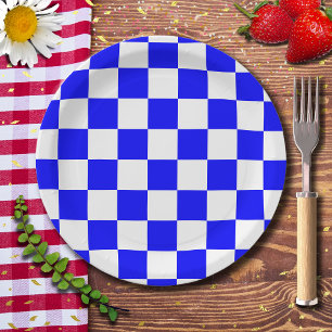 Neon Blue and White Chequered Chequerboard Vintage Paper Plate