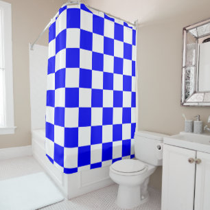Neon Blue and White Chequered Chequerboard Vintage Shower Curtain