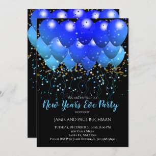 Neon Blue balloons And Gold Confetti On Black Invitation