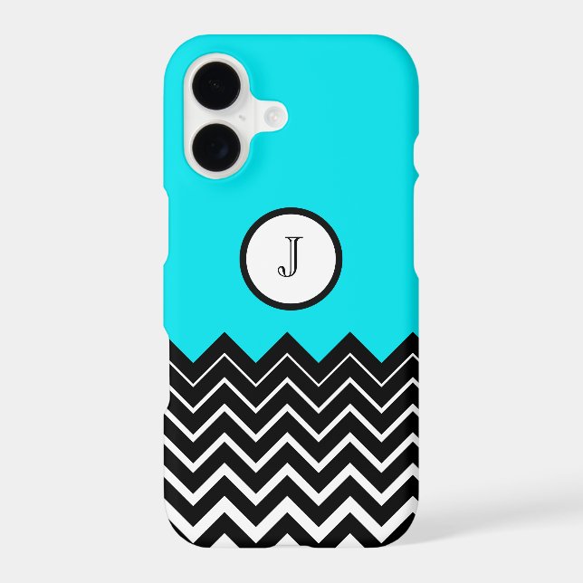Neon Blue Black White Chevron Zigzag Monogram (Back)
