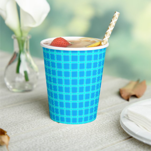 Neon blue bright checked pattern  paper cups (Insitu)
