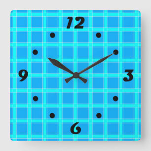 Neon blue bright checked pattern square wall clock