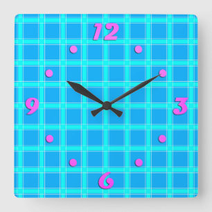 Neon blue bright checked pattern  square wall clock