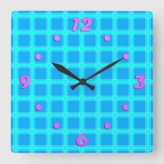 Neon blue bright checked pattern  square wall clock (Front)