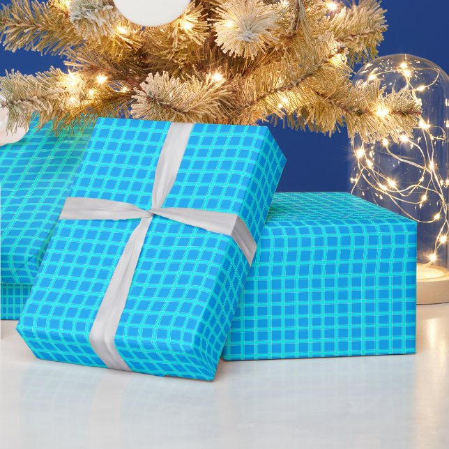 Neon blue bright checked pattern  wrapping paper (Holidays)