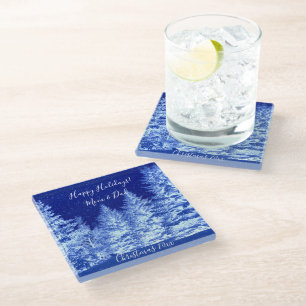 Neon Blue Christmas Tree Glass Coaster