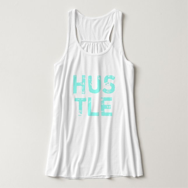 Neon Blue Distressed Lettering "Hustle" Workout Singlet (Design Front)