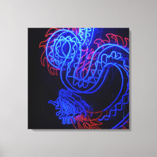 Neon Blue Dragon Black Background Bright Canvas Print