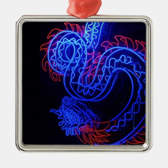 Neon Blue Dragon Black Background Bright Metal Tree Decoration (Front)