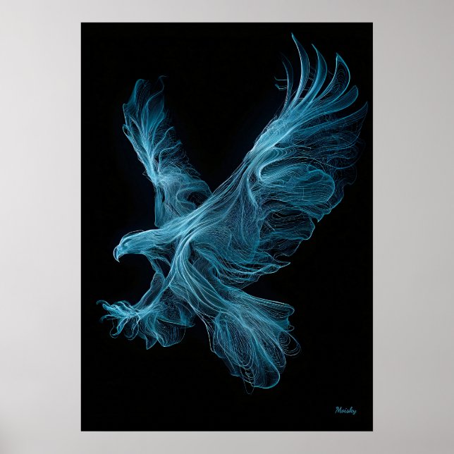 Neon Blue Eagle Futuristic Filament Wall Art (Front)