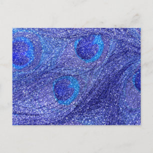 Neon blue glitter peacock feathers postcard