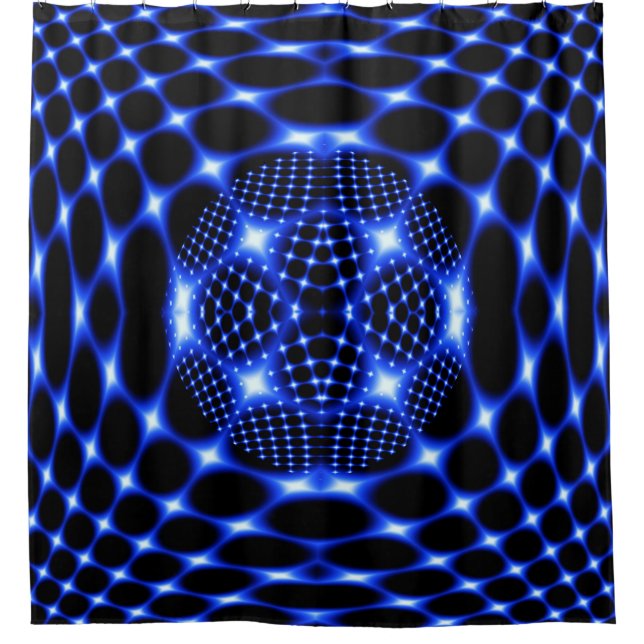 Neon blue globe fractal shower curtain (Front)