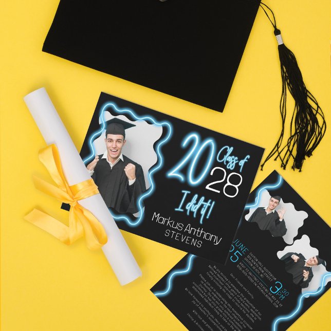 Neon Blue Glow Class of 2025 Photo Graduation  Invitation (Creator Uploaded)
