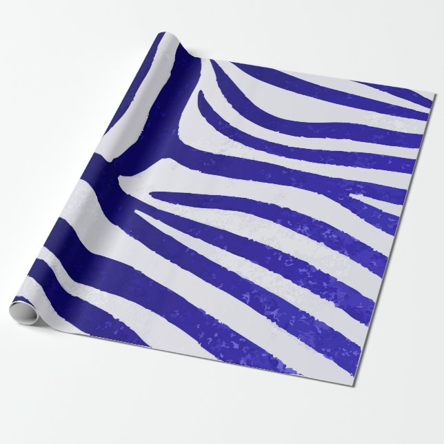 Neon Blue Gradient Zebra on White – Bold Trendy Wrapping Paper (Unrolled)
