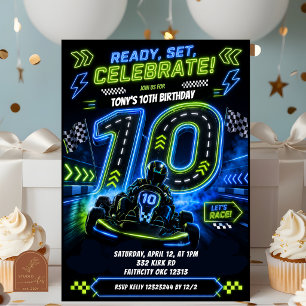 Neon Blue Green Boy Racing 10th Birthday Invitation