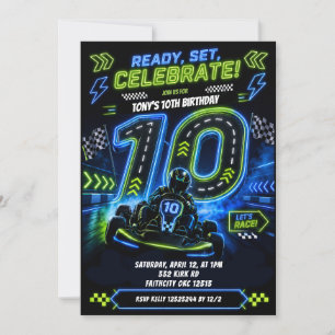 Neon Blue Green Boy Racing 10th Birthday Invitation