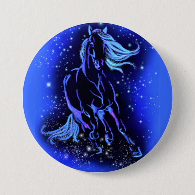 Neon Blue Horse Running At Moonlight Starry Night  7.5 Cm Round Badge (Front)
