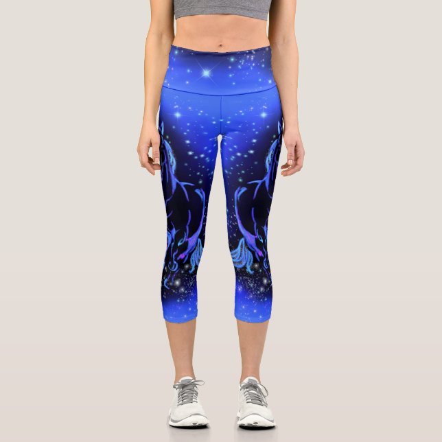 Neon Blue Horse Running At Moonlight Starry Night  Capri Leggings (Front)