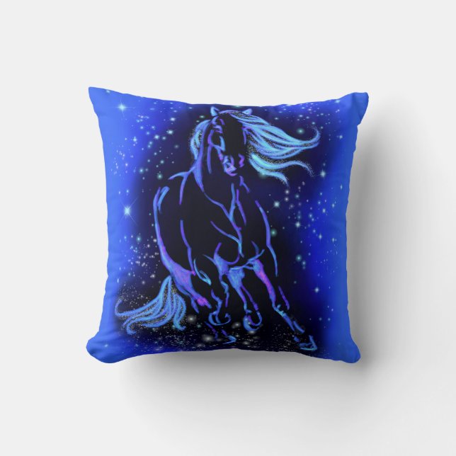 Neon Blue Horse Running At Moonlight Starry Night  Cushion (Front)