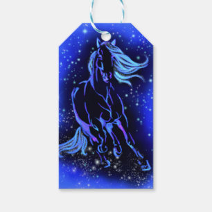 Neon Blue Horse Running At Moonlight Starry Night Gift Tags