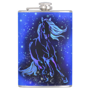 Neon Blue Horse Running At Moonlight Starry Night  Hip Flask