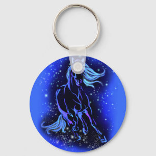 Neon Blue Horse Running At Moonlight Starry Night  Key Ring