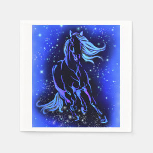 Neon Blue Horse Running At Moonlight Starry Night Napkin