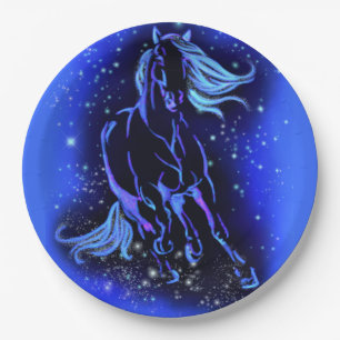 Neon Blue Horse Running At Moonlight Starry Night  Paper Plate